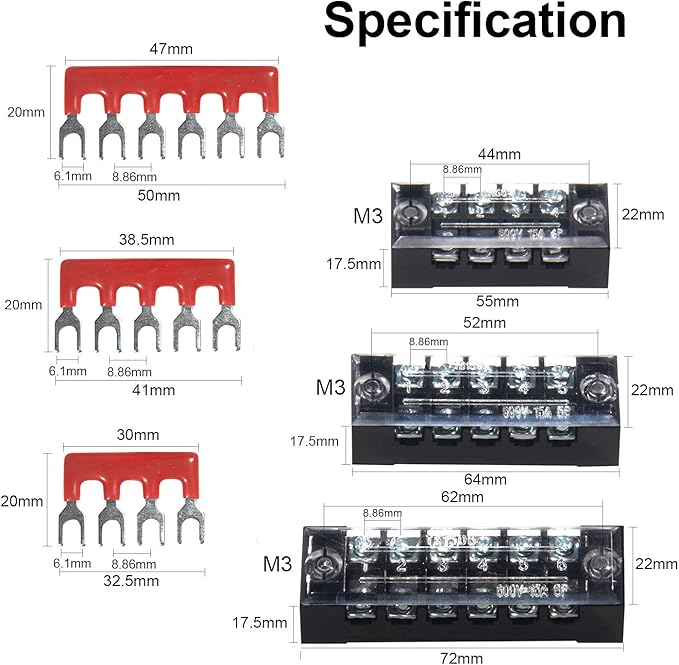 MILAPEAK Terminal Block and Strip - 6 Sets 4/5/6 Positions 600V 15A Dual Row Wire Screw Terminal Strip Block with Cover + 400V 15A Pre-Insulated Terminals Barrier Strips Jumpers (Black & Red)