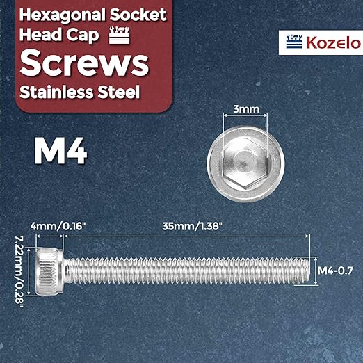 Kozelo 25pcs Socket Head Cap Screws - [M4-0.7 x 35mm] 304 Stainless Steel Allen Socket Drive for Electrical Motor 3D Printing Fan Engine Replacement Use, Silver