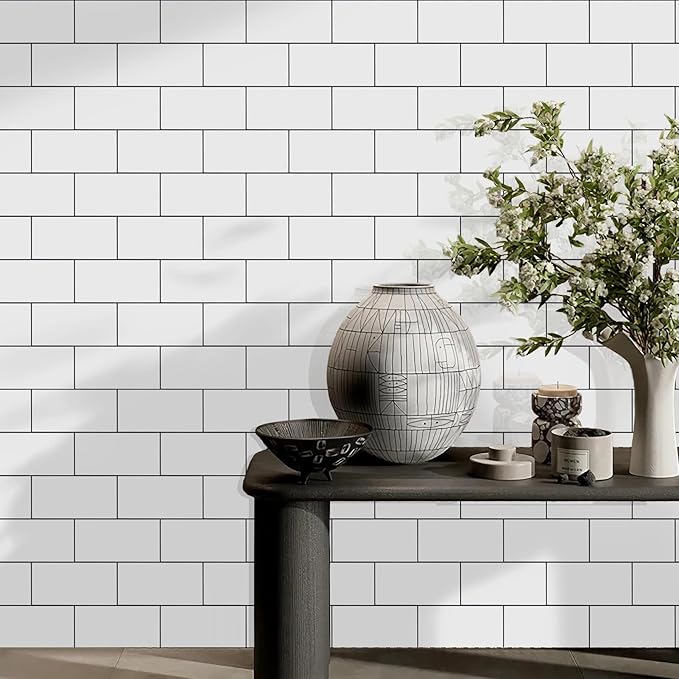 Vamos Tile 100-Piece Glossy Pure White Peel and Stick Backsplash Tile,3''x6'' PVC Subway Tile with Dark Gray Grout,Stick on Backsplash for Kitchen/Bathroom/Fireplace