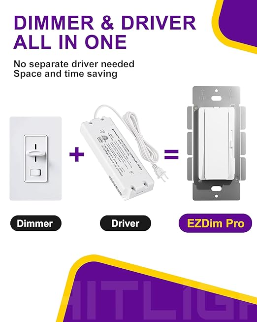HitLights LED Driver and Dimmer Switch in One 160W, 120V AC to 24V DC, Compatible with Most Solid Color 24V Strip Tape Lights, UL Listed, Single-Pole/3-Way, EZDim Pro, White
