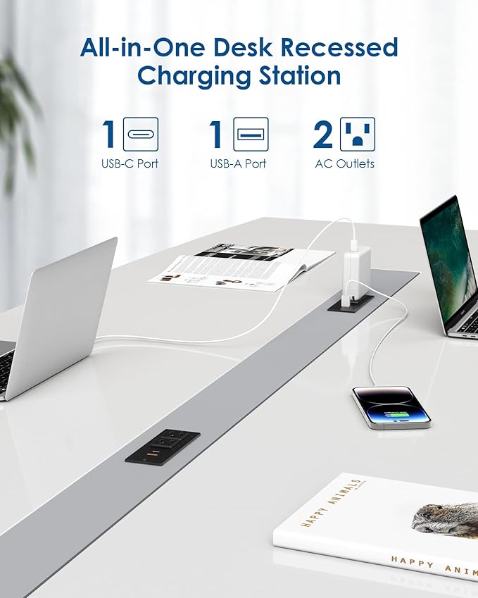 Recessed Power Strip USB C PD 30W Fast Charging,Flush Mount Desk Recessed Outlet,Space-Saver for Furniture Side Table,2 USB Ports,2 AC Outlets,6ft Cord,Ultra Thin Flat Plug