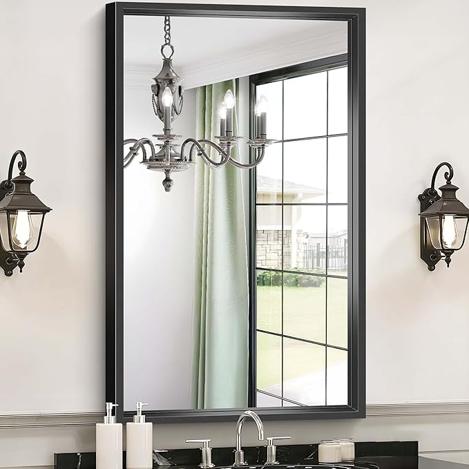 Bathroom Mirror, 40x24 Inch Brushed Black Rectangle Mirror, 0.6" Thickened Deep Metal Framed Vanity Mirrors for Bathroom Sink, Shatterproof Tempered Glass, Antirust, Horizontally or Vertically