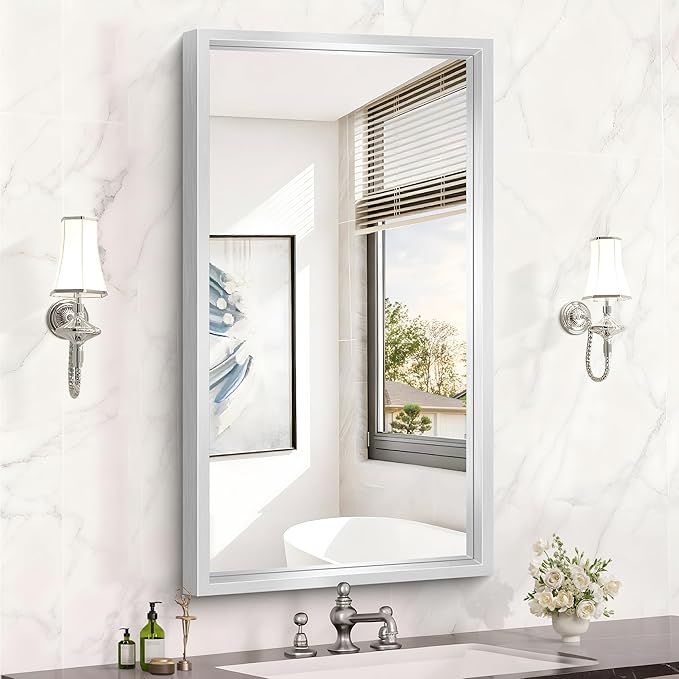 20x36 Silver Bathroom Mirror, Brushed Silver Rectangular Mirror for Wall, 0.6" Thickened Deep Frame Mirrors for Bathroom Sink, Shatterproof Tempered Glass, Antirust, Horizontally or Vertically