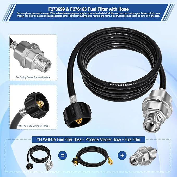 Propane Heater Fuel Filter F273699 with 6FT Propane Hose for Buddy Heater, Big Buddy, Little Buddy, Portable Buddy,Connect 20-45 lb Propane Tanks,Replaces F276163 F273704 F273701 F273702 Etc.