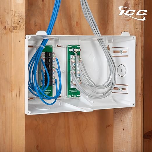 ICC 8” Plastic Structured Wiring Enclosure with Cover, Media Enclosure with CAT5e 6-Port PoE++ and 1x6 Bridged Telephone Modules, Cable Management Box, UL Listed, ICRDSMMAW8
