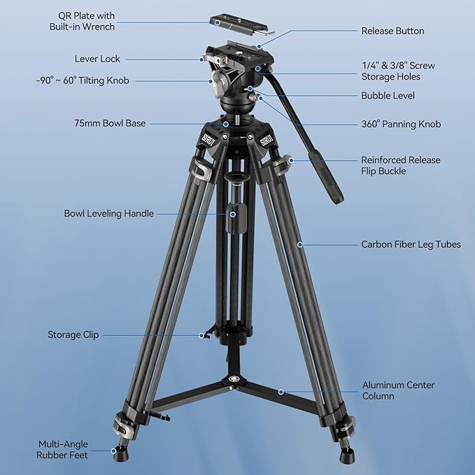 SIRUI Quick Release Carbon Fiber Video Tripod, Professional - Image 3