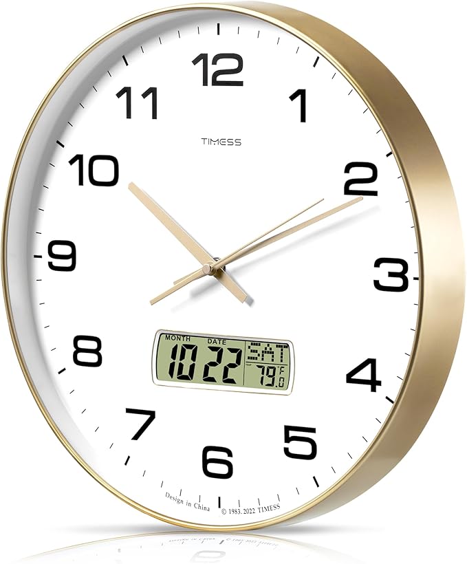 TIMESS Wall Clock, 14" Large Dial Non-Ticking Silent Battery Operated Analog with LCD Display for Perpetual Calendar and F° Temperature, Ideal Modern Home, Bedroom, Office Decor (Gold)