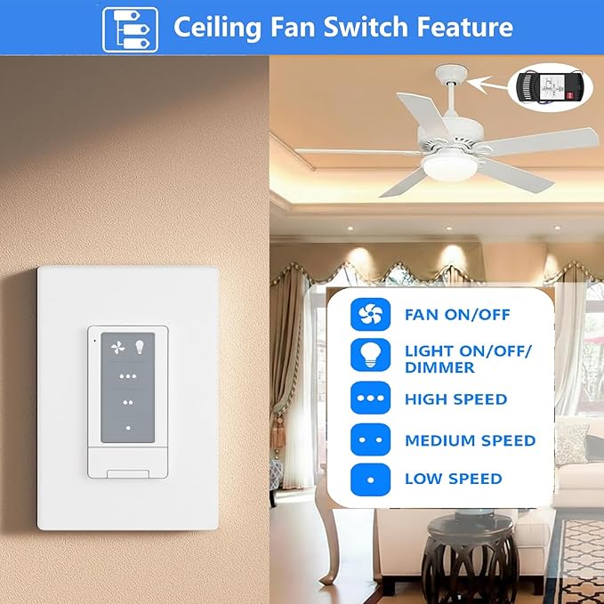 Universal Ceiling Fan Wall Remote Control Kit Replacement for Hampton Bay Hunter Harbor Breeze, 3-Speed Light Dimmer