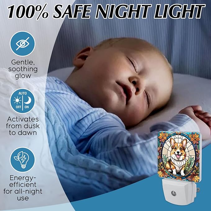 PODMemory Corgi Stained Glass Night Lights Plug into Wall for Room, Corgi Night Light LED for Bedroom
