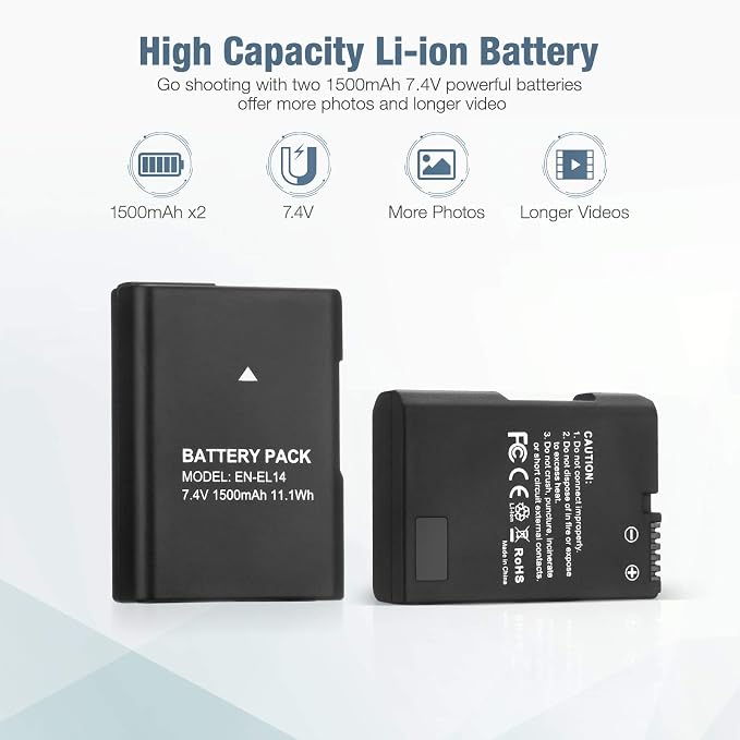 EN-EL14 EN EL14A Battery 2-Pack 1500mAh Li-ion Batteries Compatible - Image 2