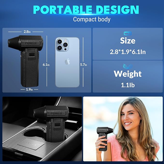 Newdehanm Violent Turbo Fan,Electric Compressed Air Duster & Vacuum Cleaner, Portable Rechargeable Cordless Handheld Air Blower with LED Light & Power Bank for PC, Outdoor, House, Car,20000mAh