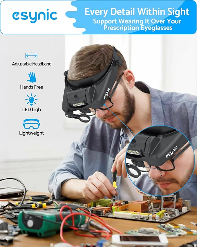 eSynic Type-C Rechargeable Magnifying Glasses Headset-Up to 14X Magnification-5 Interchangeable Lens-3 LED Lights -2 Adjustable Brightness Levels-Comfort & Fit Headband Magnifier for Crafts/Reading