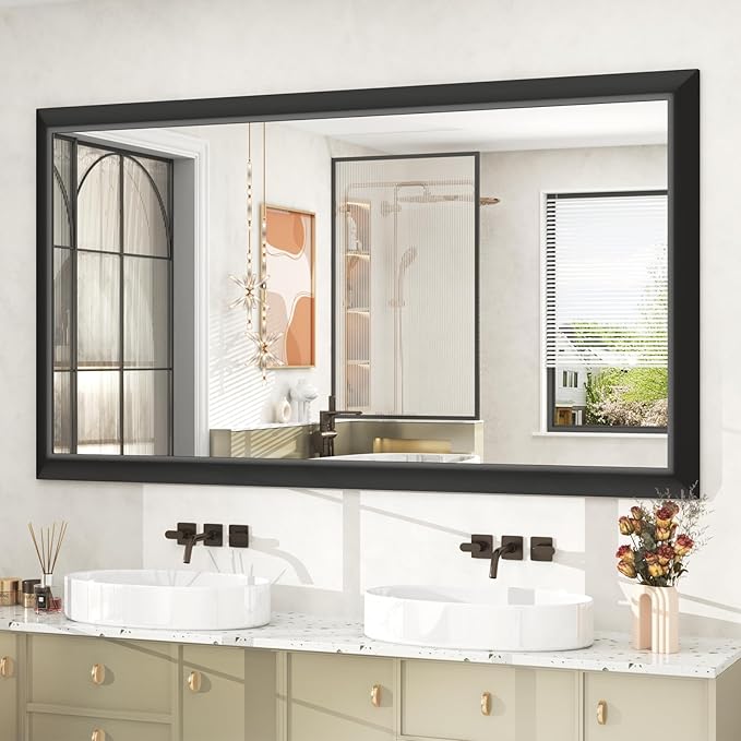 SMIROR Matte Black Bathroom Mirror for Over Sink 60x 30 inch, Metal Thick Frame Rectangle Vanity Mirror for Wall, Anti-Rust, Horizontally or Vertically Mounted