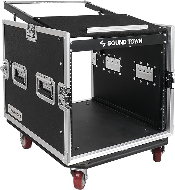 Sound Town Enhanced Thickness 1/2" (12mm) Plywood 10U Audio Rack/Road Case with 14U Slant Mixer Top, 25’’ Rackable Depth and Casters-Pro Tour Grade (STMR-DE10UW)