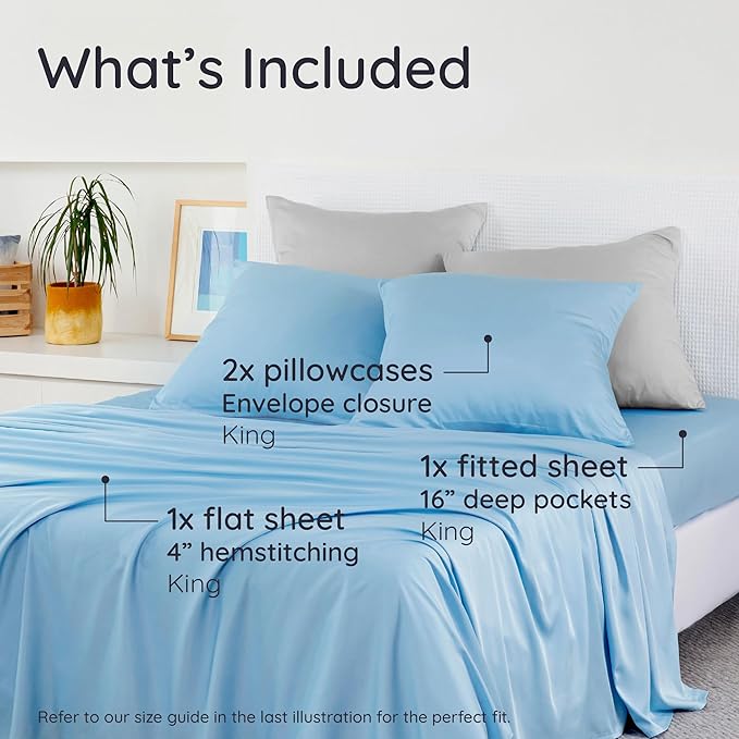 Bambaw 4pcs King Size Sheets Set – 100% Viscose Derived from Bamboo Sheets, Cooling Sheets King Size Deep Pocket Fits Up to 16'' with Elastic Corner Straps, Super Soft (Dream Blue)