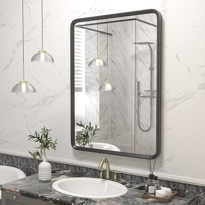 22x30 Inch Black Matte Framed Mirror for Bathroom, Rounded Rectangle Mirror, Bathroom Vanity Mirror for Wall, Anti-Rust, Shatterproof (Horizontal/Vertical)