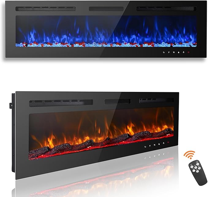 70 inch Ultra-Thin Electric Fireplace Recessed and Wall Mounted with Touch Screen Control Panel/Remote Control- Timer,Realistic 5 Flame - Log & Crystal Hearth Options