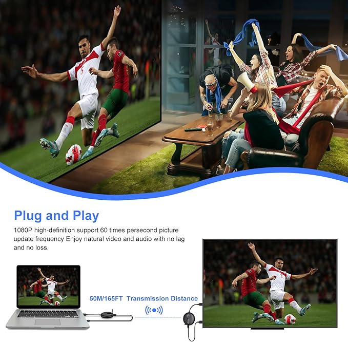 YUYUNLOMN Wireless HDMI Two Receivers and One Transmitter,165FT/50M,@60fps,Up to 4 RX(TVs),2.4/5GHz Wirelessly Stream to Multiple Screens,HDMI Wireless Adapter for TV Box/DSLR Camera/Projector/Laptop
