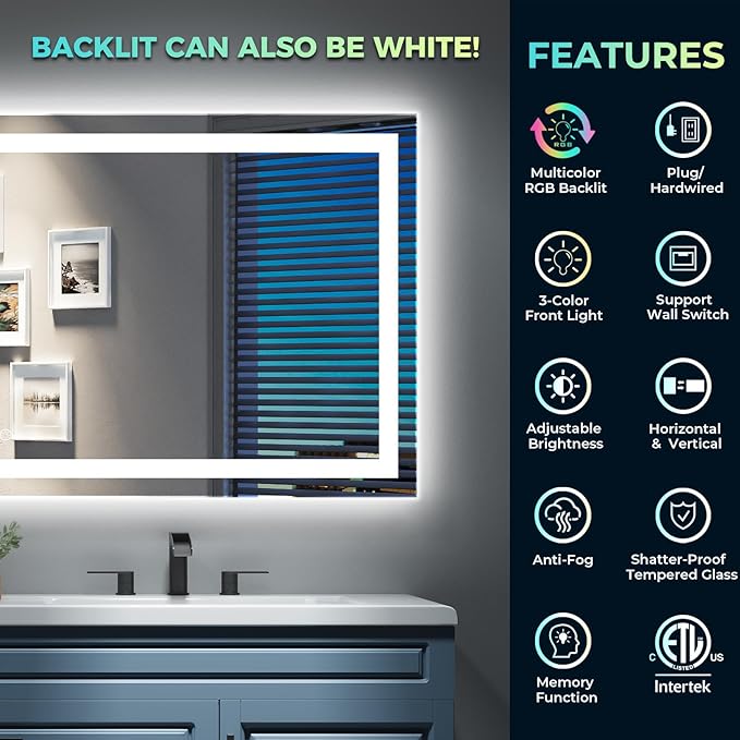 YEELAIT 44x32 Inch RGB LED Bathroom Mirror Front Light and RGB Backlit Lighted Vanity Mirror for Bathroom Wall Mounted Dimmable Anti Fog Memory Shatter-Proof IP54 Waterproof Horizontal/Vertical