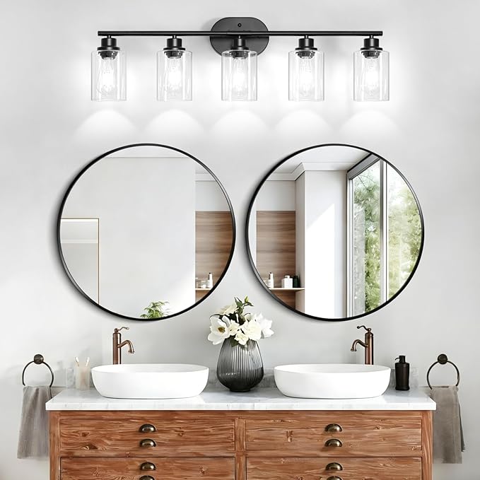 Unicozin 5 Light Bathroom Light Fixtures,33.5 Inch Vanity Lights for Bathroom, Lacquered Black Wall Lamp with Clear Glass for Mirror, Living Room, Hallway, Cabinet, E26 Base