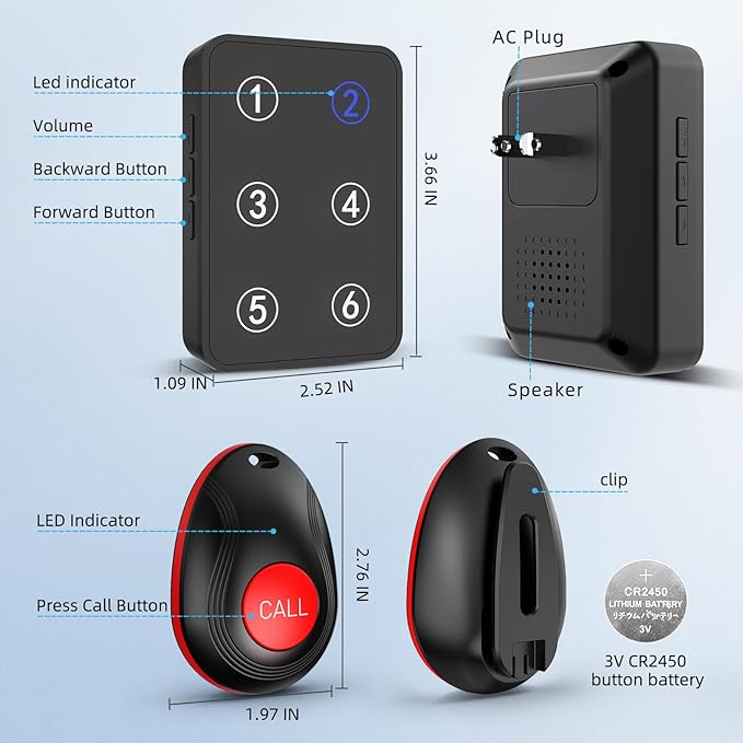 CallToU Wireless Call Button Caregiver Pager Nurse Call System for Elderly/Patients at Home/Hospital with Voice Announcements and LED Number Display (6 Waterproof Call Button & 2 Receiver)