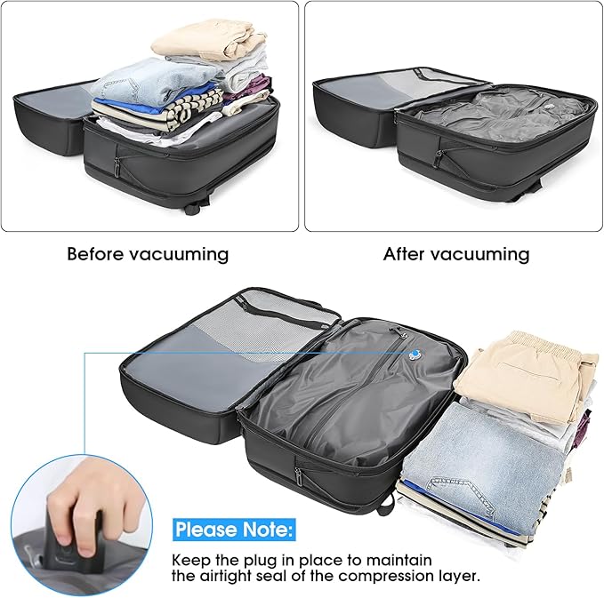 Vacuum Seal Travel Backpack, Expandable Vacpack Backpack with Vaccum Compression System, Water Ressistant 17.3 Inch Laptop Backpack with USB Charging Port-Vacuum Pump Included