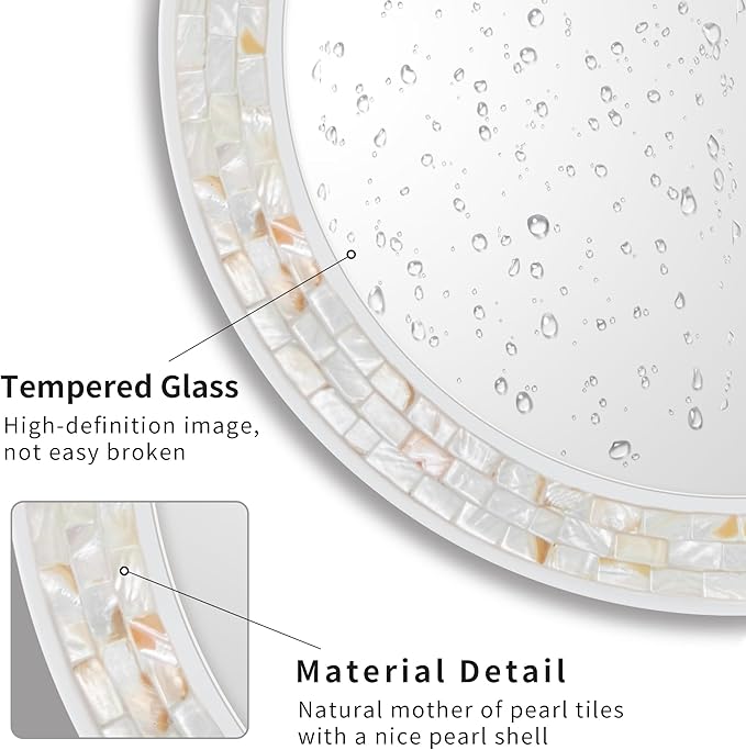 Tanmicoshomy Round Wall Mirror 28 Inch,Circle Mosaic Mirror with Natural Shell and Wood Frame, Decorative Coastal Round Wall Mirror for Bathroom Bedroom Living Room Entrayway