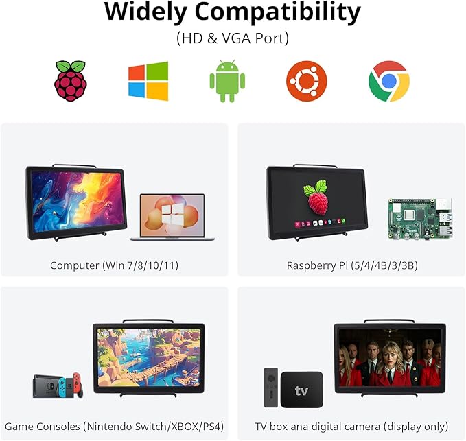 ELECROW 10.1 Inch Portable Monitor - IPS Capacitive Monitor with HD VGA Port，1920x1080P LCD Display Built-in Dual Speakers VESA Mount for Raspberry Pi 5/4/3, PS Xbox, Windows 11/10/8/7