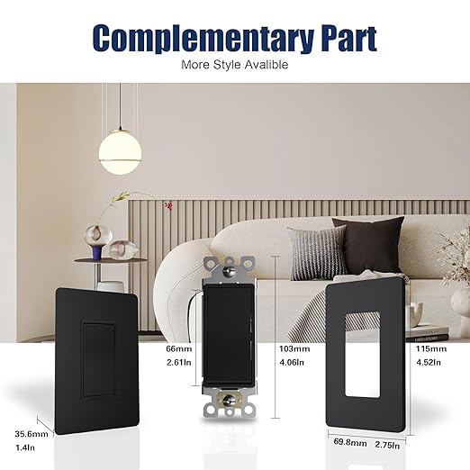 ThunderWay Matte Black 3 Way Decorative Light Switch with Plate, 15 A 120/277 V Rocker Paddle Wall Switch Replacement, Self-Grounding, Residential Grade, Wall Plate, UL Listed (10 Pack)
