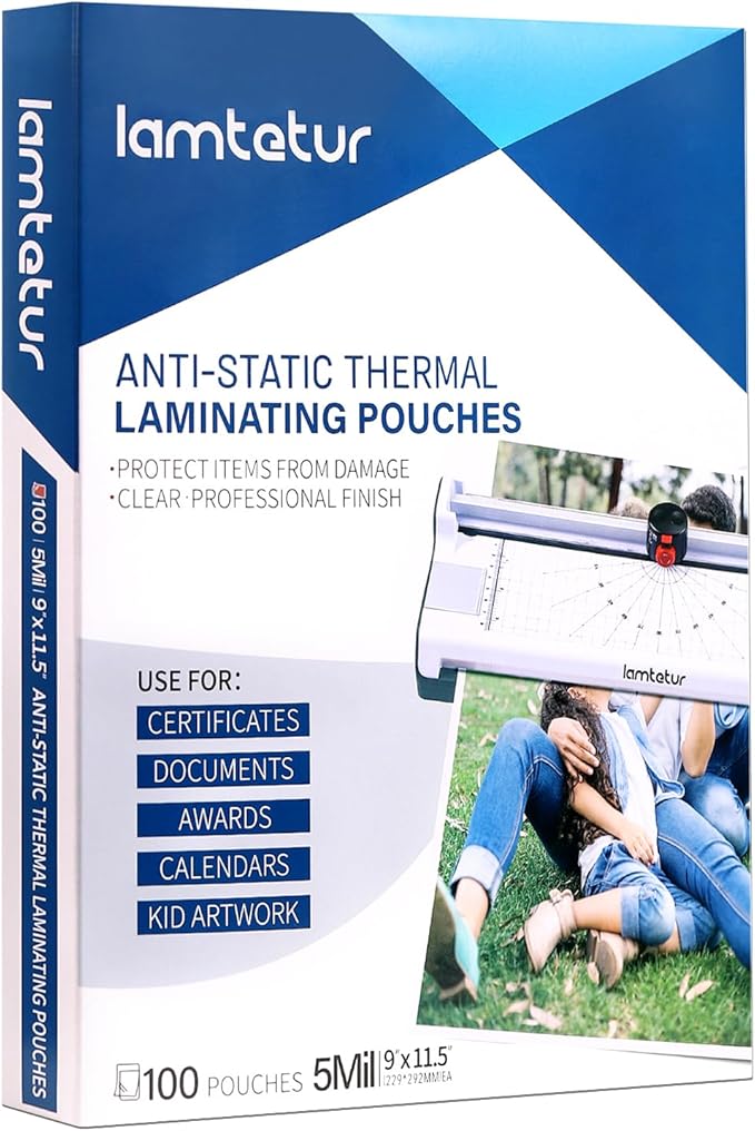 Lamtetur Anti-Static Thermal Laminating Pouches 9x11.5 Inches, Holds 8.5 x 11 Inch Sheets,5mil 100Pcs Hot Laminate Films, Clear Laminator Papers, Letter Size Lamination Sheets(Anti-Static 5Mil-100)