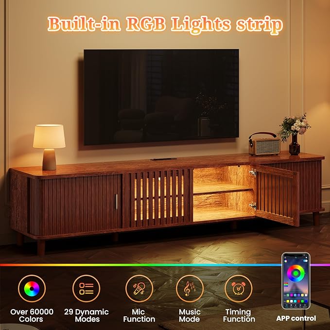 UPOSOJA TV Stand with Fluted Sliding Doors & Adjustable Shelves, Charging Station,RGB LED Lights,Media Console, 67 Inches, with Wire Management, for TVs up to 75 Inches