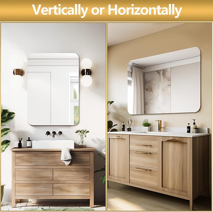 Mirrorons 18x24 Frameless Bathroom Mirror, Rounded Corner Bathroom Vanity Mirror, Modern Wall Mounted Vanity Mirror for Living Room, Bedroom, Entryway (Horizontal/Vertical)