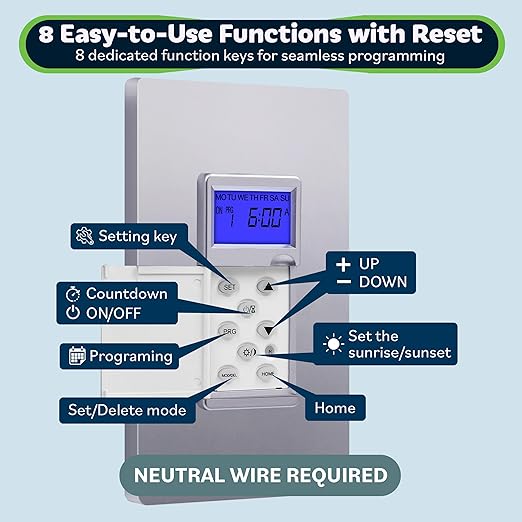 TOPGREENER Digital Astronomic Timer Switch, 7-Day Programmable Sunrise Sunset, Single Pole or 3-Way, Neutral Wire Required, 120VAC, UL Listed, TGT01-H-SV, Silver