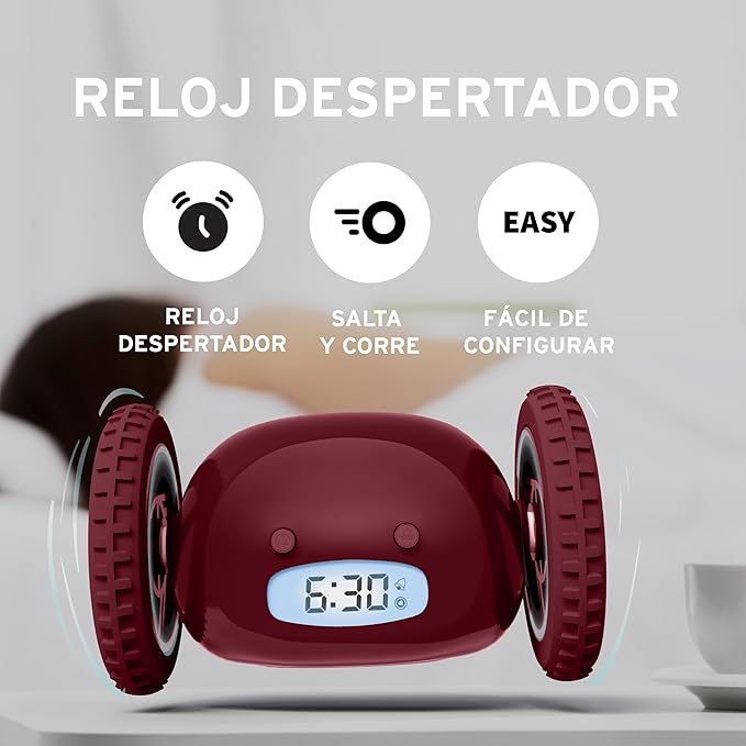 CLOCKY Extra Loud Alarm Clock for Heavy Sleepers on Wheels Rolls Runs Away Vibrating, Easy to Set Super Smart Snooze Digital Bed Shaker Alarm Clock Funny Gift for Adults Kids Teens Bedrooms (Wine)