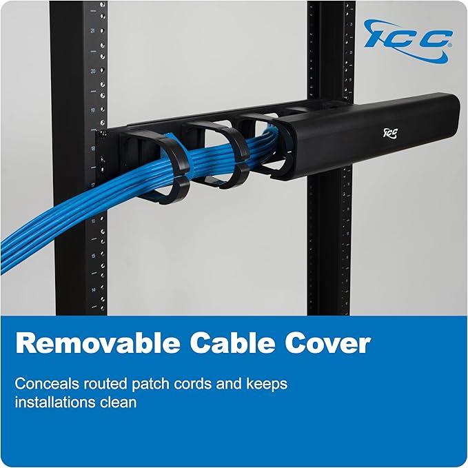 ICC 2U Ring Cable Manager Panel with Cover, Plastic with Metal Back Frame, 4" D-Rings, Horizontal Cable Management, Rackmount for 19” Network Racks, Black, Single Pack