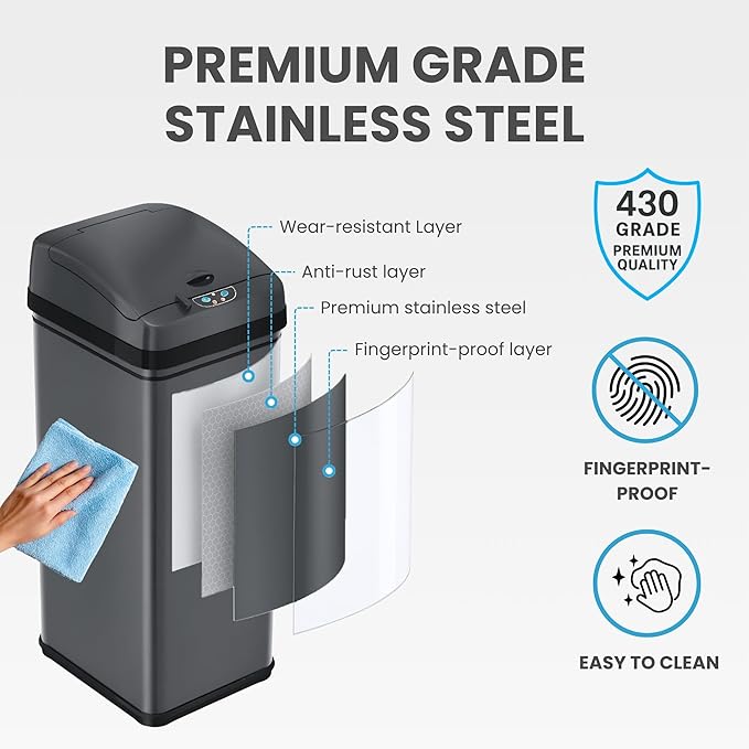 iTouchless 13 Gallon Kitchen Trash Can with Odor Filter, Automatic Motion Sensor Bin, Soft-Close Stainless Steel, Slim Wastebasket for Narrow Spaces, Gunmetal Gray