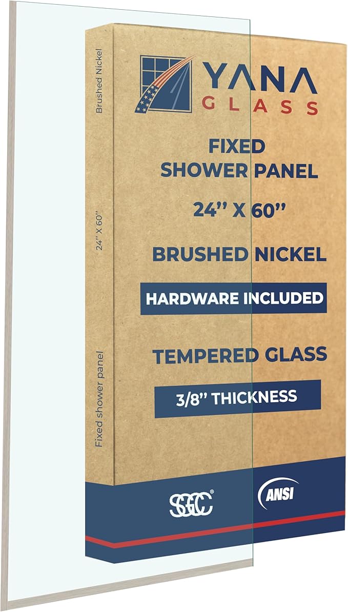 Yana Frameless Shower Door Screen, Fixed Shower Door Panels 3/8" Thick Tempered Glass, Water Repellent, Reversible Shower Wall Panel with Brushed Nickel Finish 24" x 60"