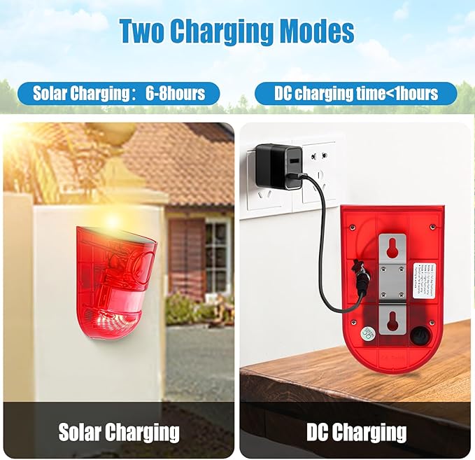 Qualirey 8 Pack Solar Sound and Light Alarm Motion Sensor 129db Outdoor Security Siren Waterproof Motion Activated Detector Alarm 6 LEDs Flash Warning Strobe System for Home, Farm (Red)