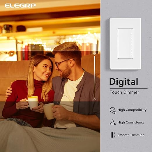 ELEGRP Dimmer Switch, Digital Dimmer Light Switch for LED Lights 150W, INC/HAL 450W, 3 Way LED Dimmer Switch, Needs Neutral Wire, Wall Plate Included, UL Listed, 6 Pack, Matte White