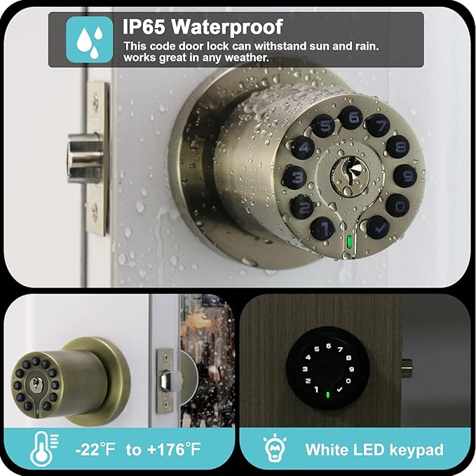 iulock IU-20 Code Door Lock, Electronic Door Knob with Keypad and Key, Auto Lock, Waterproof, Passage Function, Long Battery Life,50 Codes, Easy to use and Install for Office/Warehouse/Bedroom/Garage