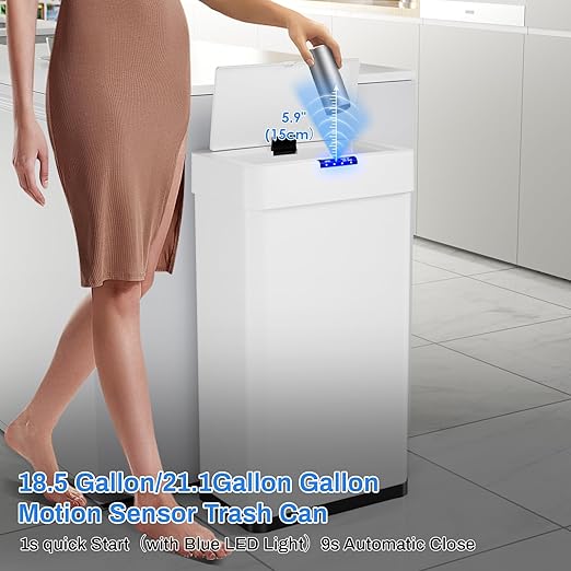 AthLike Sensor Trash Can, Touchless Motion Sensor Trash Bin, Smart Automatic Garbage Can with Soft-Close Lid, Bag Retainer Ring and Display Light,for Kitchen,Living Room Office (White, 21.1 Gal)