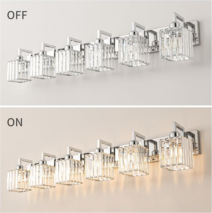 FDPBY Modern Bathroom Vanity Light 6-Lights Chrome Crystal Wall Lamp Bathroom Modern Crystal Vanity Lighting
