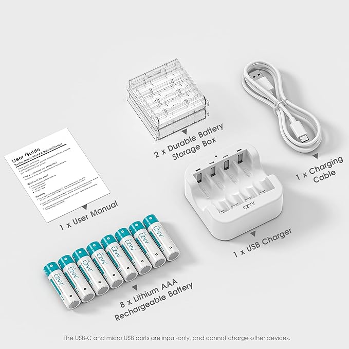 czvv Rechargeable AA 1.5V Lithium Batteries 8-Pack, Full-Recharged Long-Lasting 3500mWh High-Capacity 2300+mAh Dual A with Fast Charger Combo for High-Tech Devices, Blink Cameras, Cycle Times 1300x