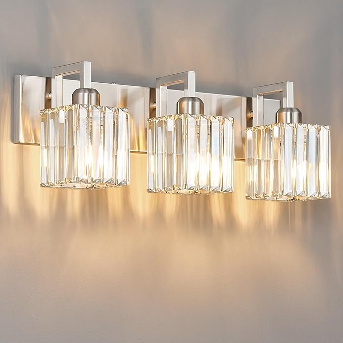 FDPBY Modern Bathroom Vanity Light 3-Lights Brushed Nickel Vanity Light Crystal Wall Light Bathroom Light Fixtures