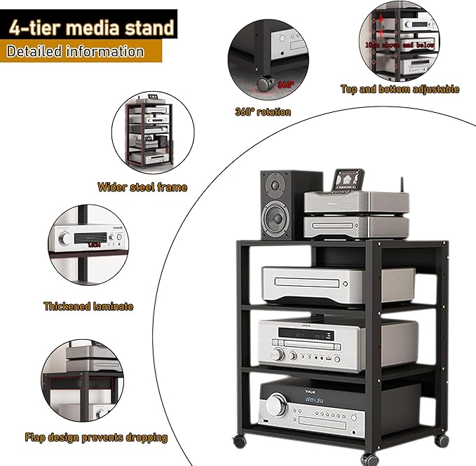 Dernoing 4 Tier Audio Rack Tower, CD Record Player Stereo Receiver AV Equipment Cabinet Display Rack, Weight Capacity 661 lbs, with Adjustable Wooden Shelves for Home (4 Tier Black)