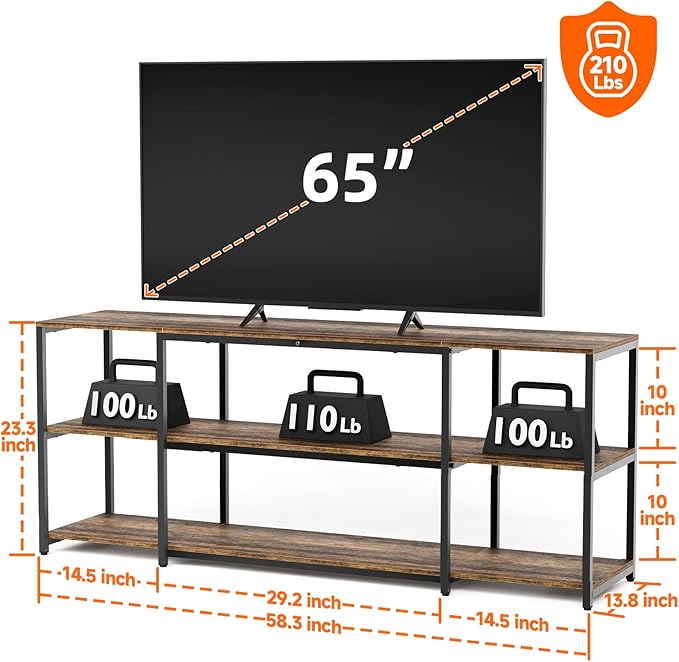 Aquzee 65 inch TV Stand, Entertainment Center for 40" 55" 60" 65" Television, Wood & Metal TV Console Table,Single Shelf Load 210lbs, 3Tiers Storage Rustic Television Stands, for Living Room Bedroom