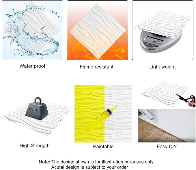 Art3d Decorative 3D PVC Wall Panel for Interior Décor, 6-Pack 24.6 x 31.5 in., Wave 2