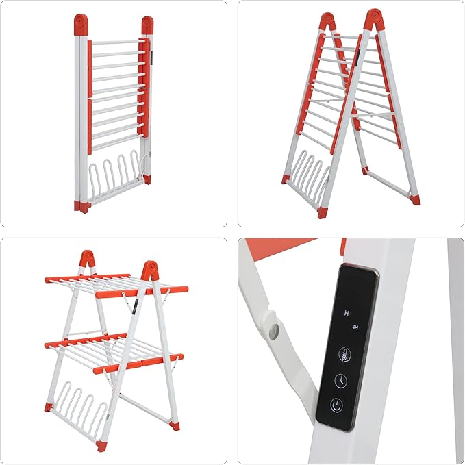 SHARNDY Electric Heated Clothes Drying Rack,Foldable Heated Garment Dryer with Timer Shut-Off Laundry Rack for Clothes Shoes Socks,Aluminum Alloy,Red,Plug & Play,(39.37x25.98x23.82in)