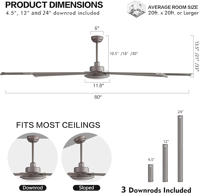 WINGBO 80 Inch Industrial Ceiling Fan without Light, 8 Aluminum Blades Ceiling Fan No Light, 6-Speed Reversible Noiseless DC Motor for Kitchen Bedroom Living Room, Charcoal Gray