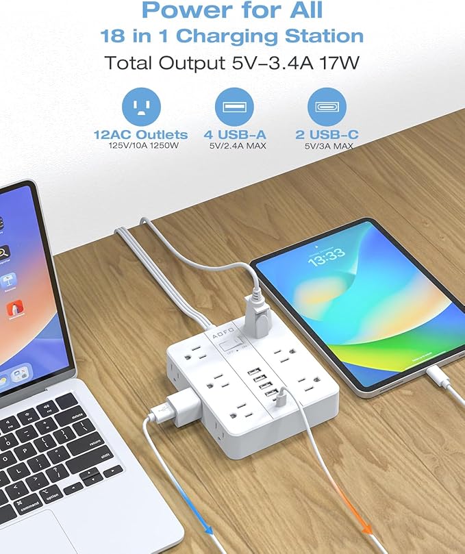 AOFO 25FT Surge Protector Power Strip,12 AC Outlets with 6 USB Ports (2 USB-C), Flat Plug Extension Cord with Multiple Outlets, Wall Mount for Home Office,Dorm, White